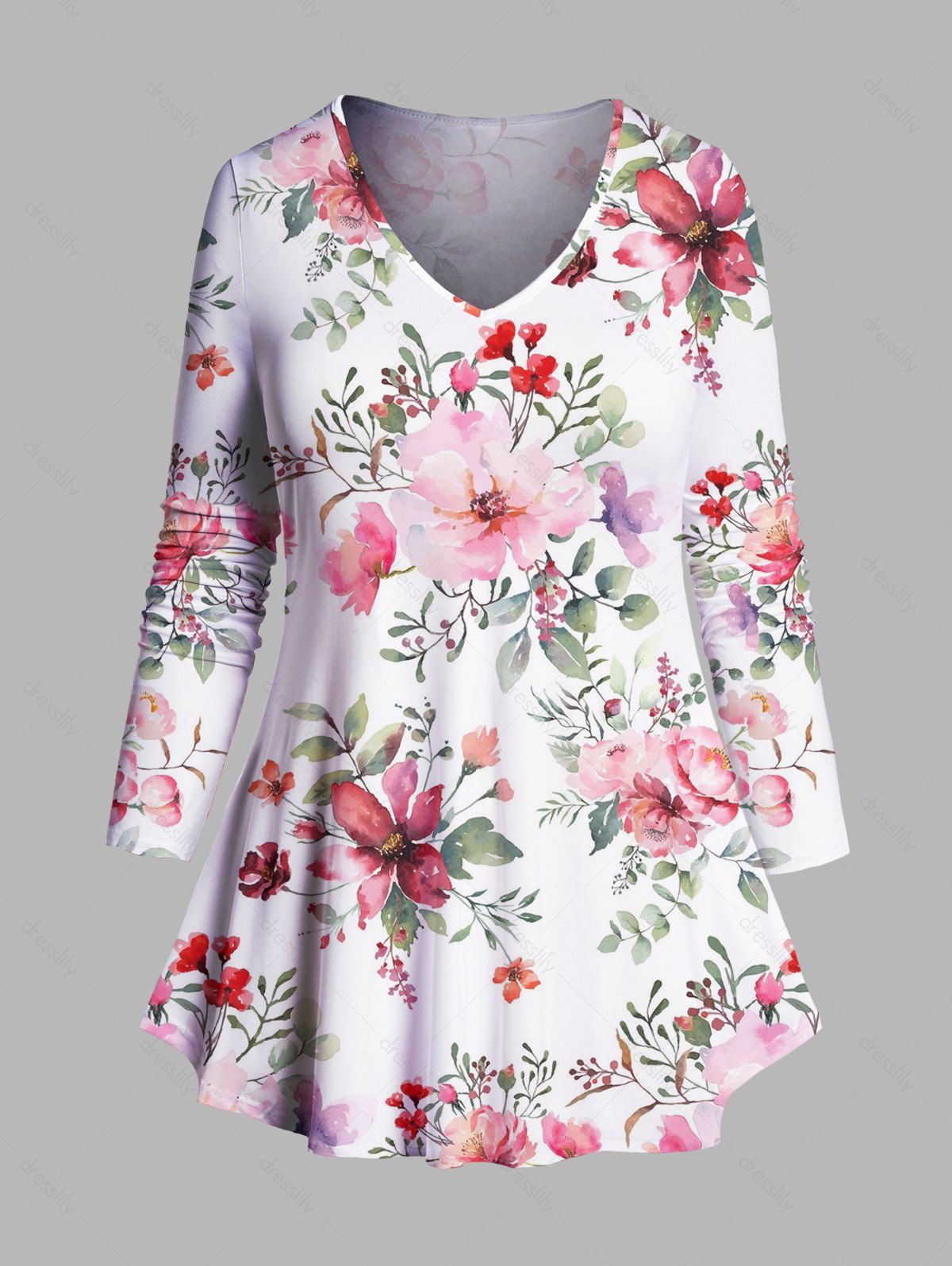Dresslily Fashion Women Plus Size & Curve Flower Allover Print Cottagecore T-shirt Long Sleeve V Neck Tee Clothing 5x / us 24 White