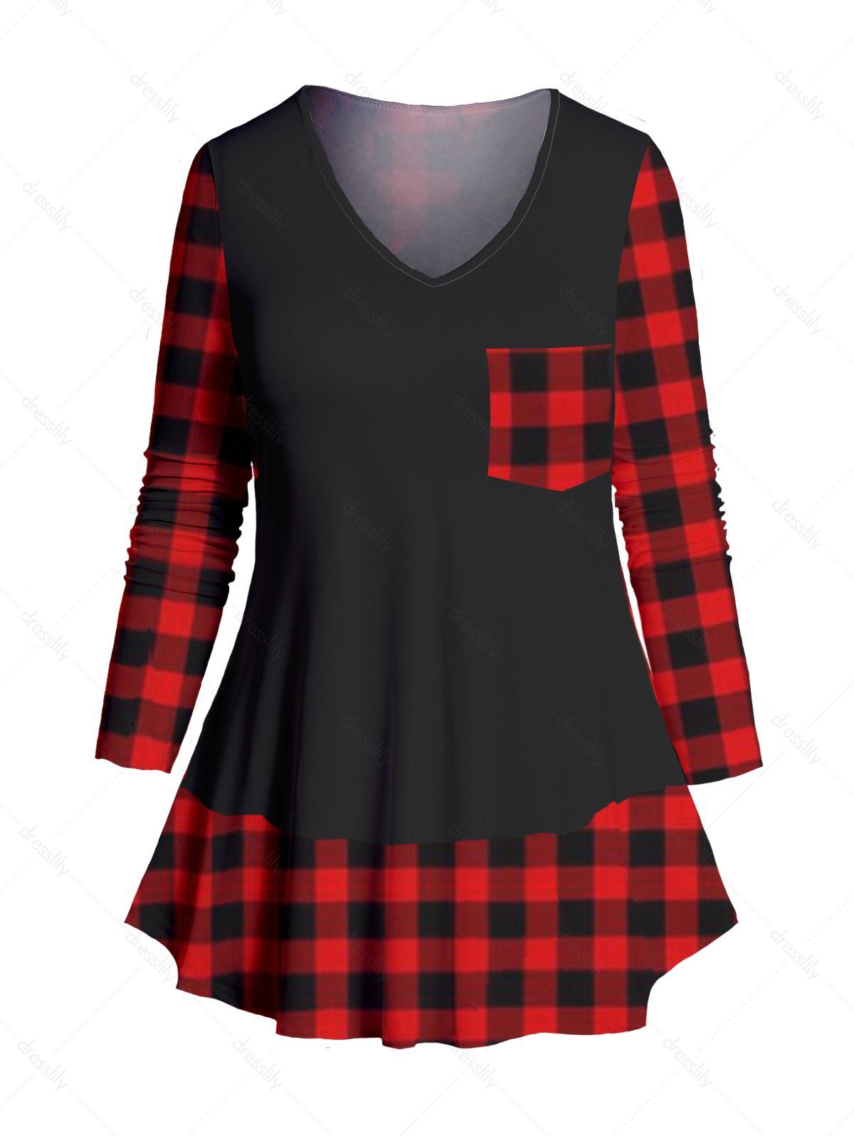 Dresslily Fashion Women Plus Size Plaid Print T-shirt Long Sleeve V Neck Curved Hem Casual Tee Clothing 4x / us 22 Red