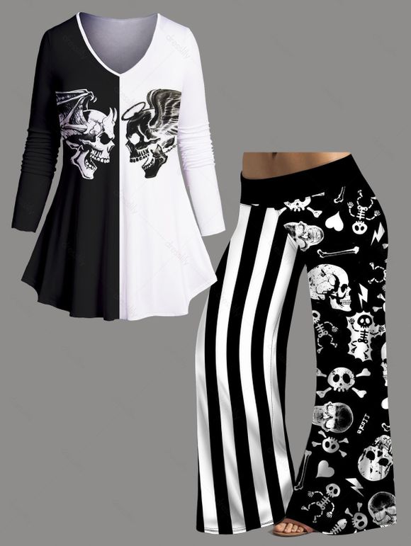 Plus Size Halloween Outfit Wing Skull Print Two Tone T-shirt And Stripe Skeleton Print Wide Leg Pants Set - BLACK L | US 14