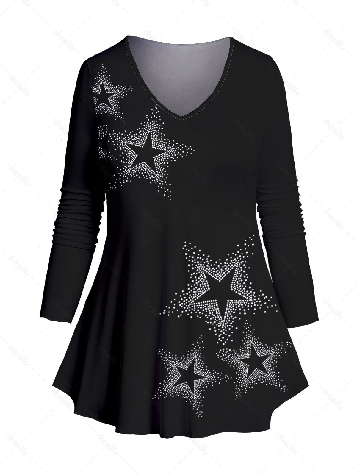 Dresslily Fashion Women Plus Size & Curve Full Sleeve T-shirt Sparkle Star Print V Neck Long Tee Clothing 4x / us 22 Black