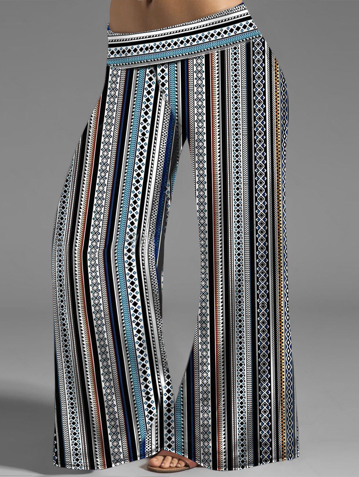 Women Plus Size Tribal Stripe Pattern Wide Leg Pants Allover Print Long Casual Loose Pants Clothing Online L / us 14 Deep blue