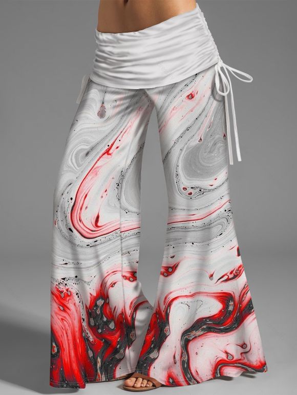 Pantalon Evasé Lâche Plissé Marbre Imprimé à Jambe Large - Blanc L