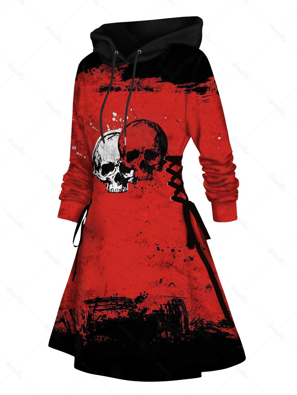 43 OFF 2024 Lace Up Mini Hoodie Dress Skull Splatter Paint Print Hooded Dress In RED DressLily