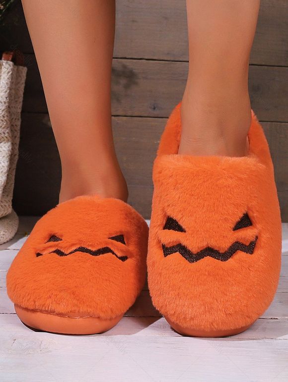 Halloween Pumpkin Cartoon Pattern Warm Fluffy Slippers - Orange Foncé EU (42-43)