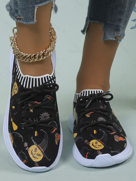 Halloween Pumpkin Spider Web Pattern Lace Up Slip On Casual Shoes - Noir EU 43