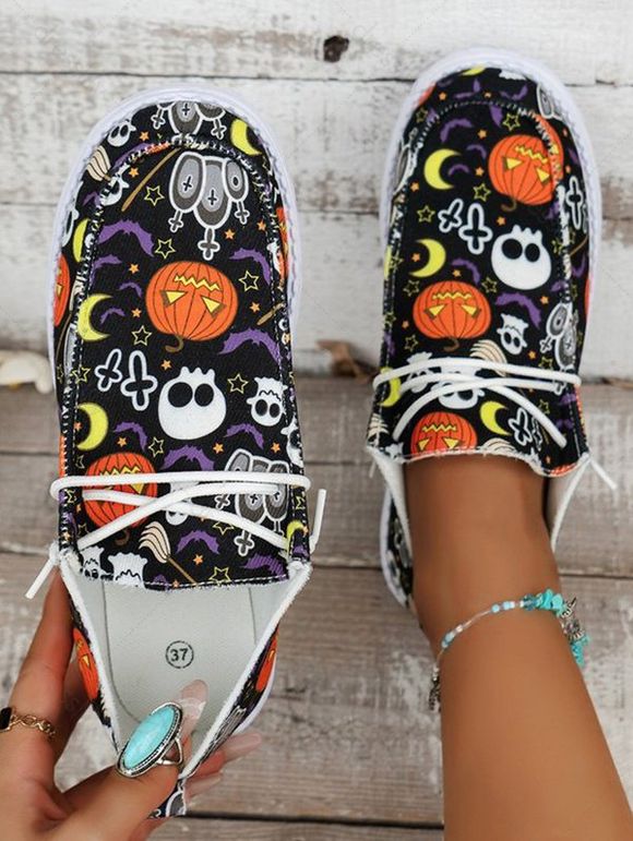 Halloween Cartoon Pumpkin Skull Ghost Pattern Lace Up Canvas Shoes - Noir EU 43