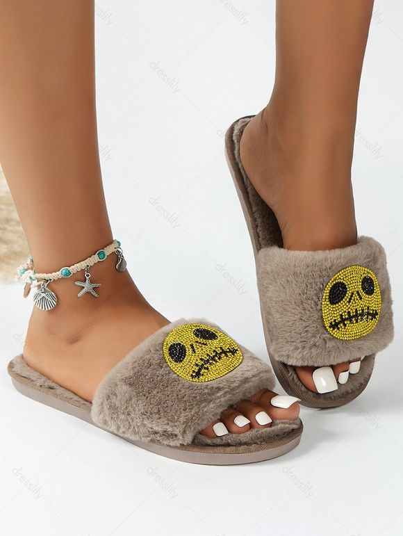 Halloween Rhinestone Skull Pattern Open Toe Fluffy Slippers - multicolor A EU 41