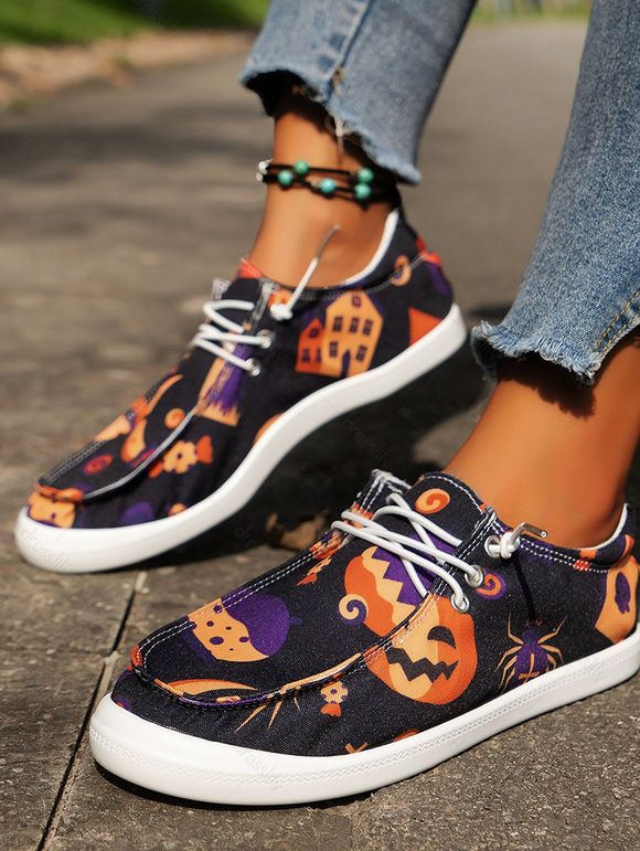 Halloween Pumpkin Spider Pattern Lace Up Canvas Shoes - multicolor A EU 43