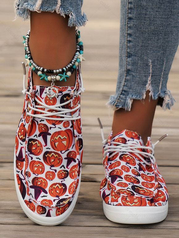 Halloween Fun Pumpkin Pattern Lace Up Casual Canvas Shoes - Rouge EU 43