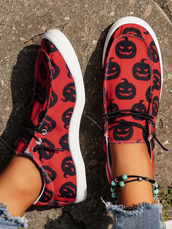 Halloween Pumpkin Pattern Lace Up Canvas Shoes - Rouge EU 43