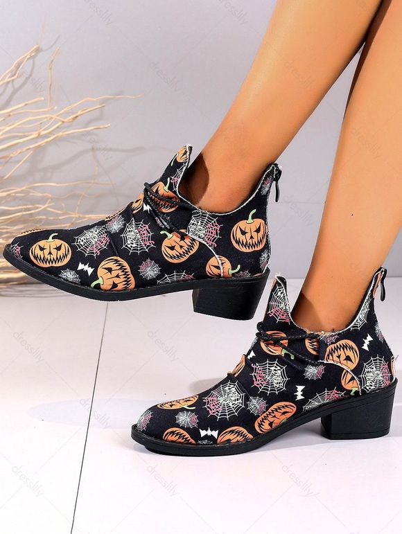Halloween Pumpkin Spider Pattern Zip Up Chunky Canvas Boots - Noir EU 42