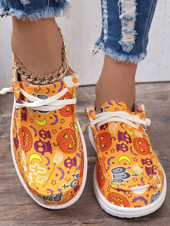 Halloween Pumpkin Skull Cartoon Pattern Lace Up Canvas Shoes - Orange EU 43