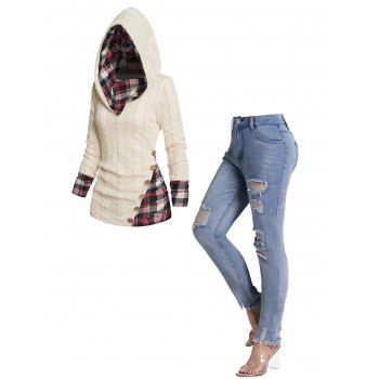 

Twisted Cable Knit Plaid Print Ruched Hooded Sweater And Ripped Middle Waist Pockets Light Wash Jeans Outfit, Multicolor
