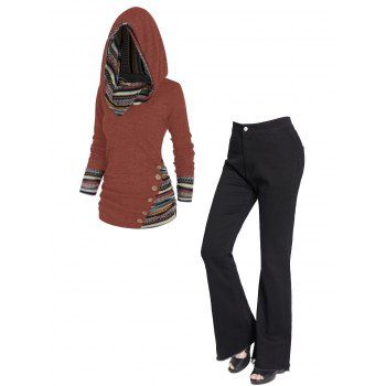 

Tribal Geometric Stripe Panel Mock Button Hooded Knit Top And Frayed Raw Hem Zip Fly Flare Jeans Outfit, Multicolor