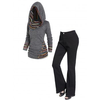 

Tribal Geometric Stripe Panel Long Sleeve Hooded Knit Top And Frayed Raw Hem Zip Fly Flare Jeans Outfit, Multicolor