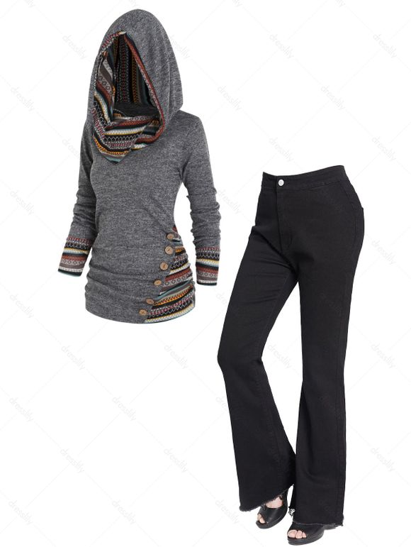 Jean à Capuche Tribal Géométrique Panneau Rayé à Ourlet Brut à Braguette Zippée - multicolor S | US 4