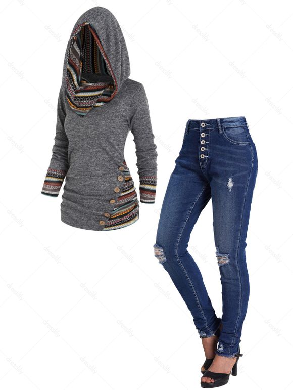 Haut à Capuche Boutonné Déchiré Rayé Géométrique Panneau en Tricot - multicolor S | US 4