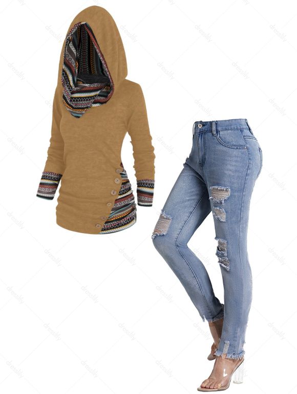 Jean à Capuche Long Zippé Géométrique Panneau Rayé - multicolor S | US 4
