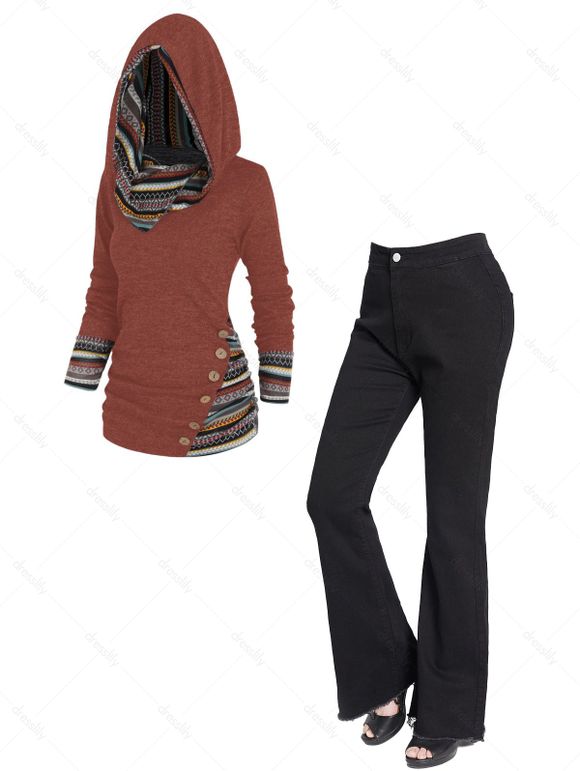 Haut à Capuche Long Rayé Géométrique Panneau Effrangé Zippé en Tricot - multicolor S | US 4