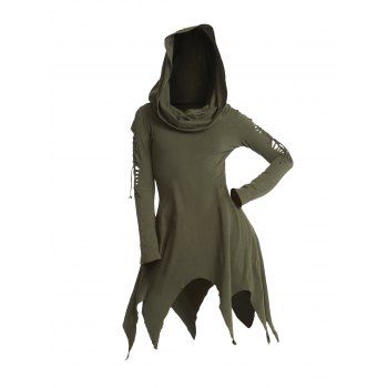 

Ripped Sleeve Grunge Hooded Top Plain Color Handkerchief Hem Casual Top, Deep green