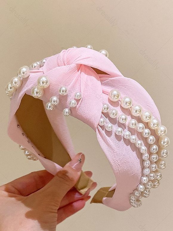 Bandeau Mignon Tordu avec Fausse Perle - Rose clair 