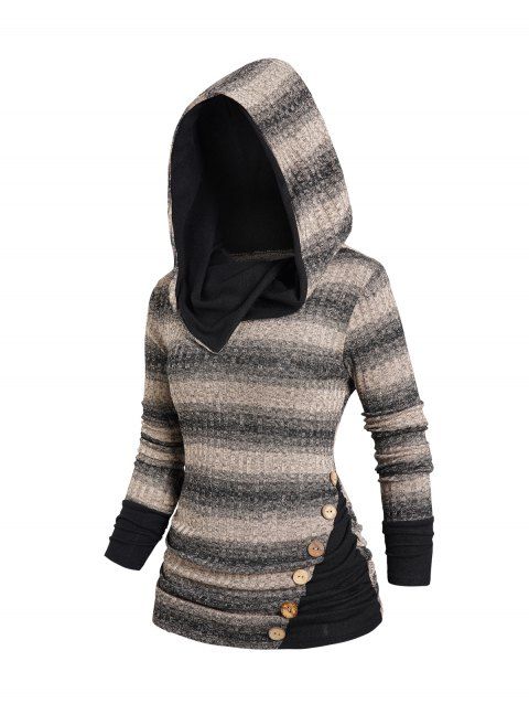 Stripe Print Knit Hooded Top Side Ruched Mock Button Knitted Top