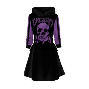 

Skull Print Colorblock Lace Up Hoodie Dress Drawstring Long Striped Long Sleeve Mini Hooded Dress, Light purple