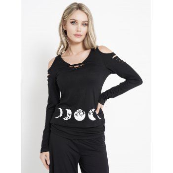 

Lunar Eclipse Print Cutout Top Cold Shoulder V Neck Long Sleeve Casual Top, Black