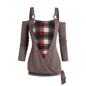 

Cold Shoulder Plaid Panel Faux Twinset Top Crossover Bowknot O Ring Long Sleeve Twofer Top, Deep coffee