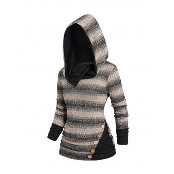 

Stripe Print Knit Hooded Top Side Ruched Mock Button Knitted Top, Multicolor