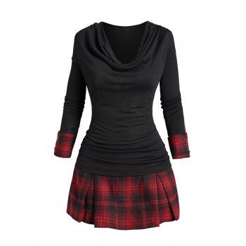 

Cowl Neck Plaid Panel Twofer Top Full Sleeve Casual Long Top, Black