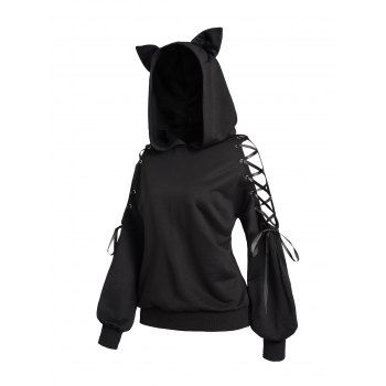 

Gothic Cut Out Lace Up Cat Ear Hoodie Drop Shoulder Solid Color Punk Hoodie, Black