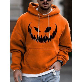 

Halloween Pumpkin Face Print Drop Shoulder Hoodie Drawstring Kangaroo Pocket Casual Hoodie, Dark orange