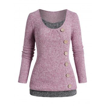 

Colorblock Faux Twinset Sweater Mock Button Heatered Twofer Sweater, Light pink