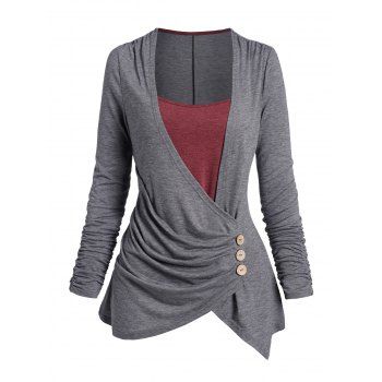 

Colorblock Ruched Top Mock Button Long Sleeve Faux Twinset Top, Gray