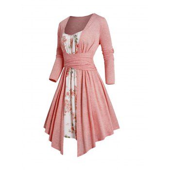 

Flower Print Mini Faux Twinset Dress Crossover Tie Knot Long Sleeve Twofer Dress, Light pink