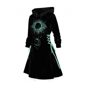 

Sun And Moon Print Lace Up Hoodie Dress Drawstring A Line Mini Hooded Dress, Black