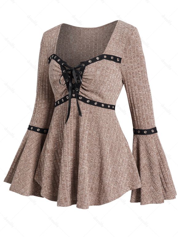 Haut Chiné Tricoté à Manches Evasées à Volants à Lacets avec Œillet - café M