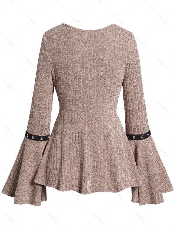 Haut Chiné Tricoté à Manches Evasées à Volants à Lacets avec Œillet - café M