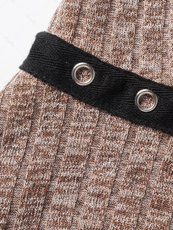 Haut Chiné Tricoté à Manches Evasées à Volants à Lacets avec Œillet - café M