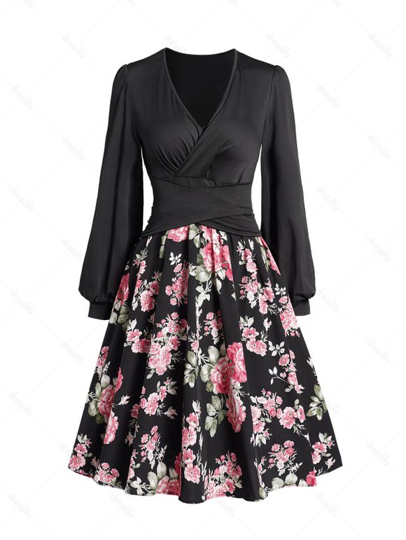 Robe Décontractée Ceinturée Fleur Imprimée Manches Lanternes à Col V - Noir S