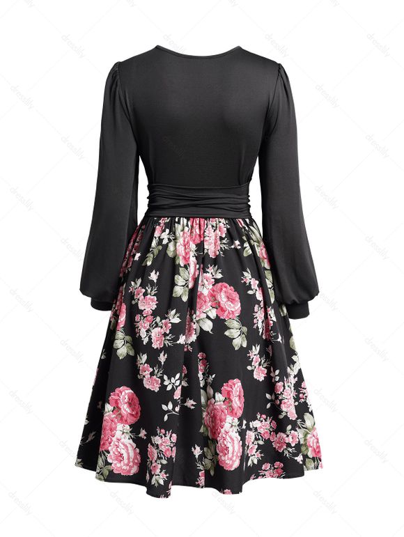 Robe Décontractée Ceinturée Fleur Imprimée Manches Lanternes à Col V - Noir S