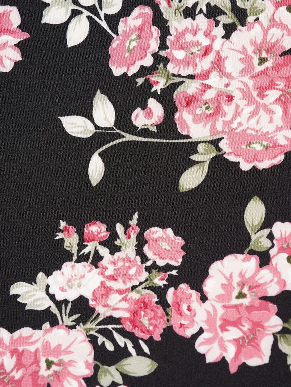 Robe Décontractée Ceinturée Fleur Imprimée Manches Lanternes à Col V - Noir S