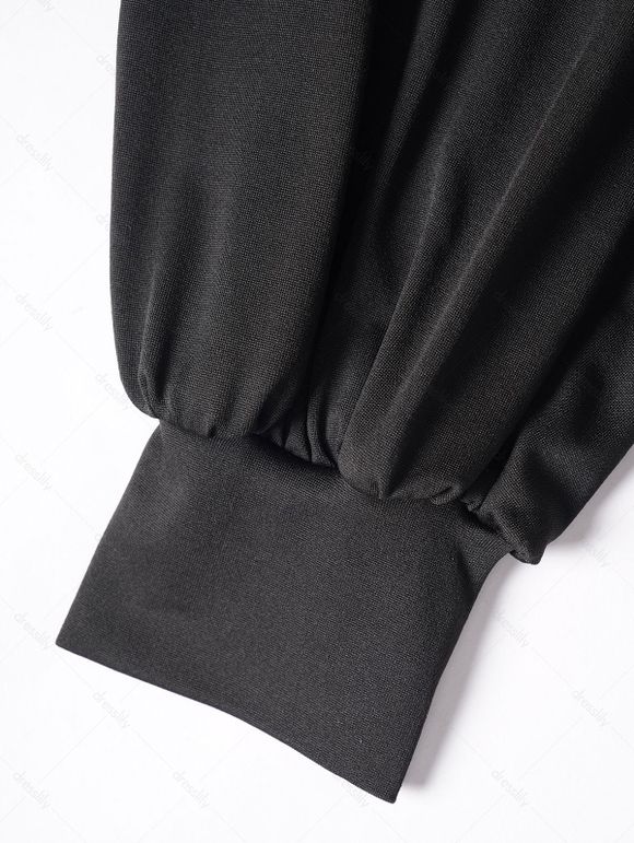 Robe Décontractée Ceinturée Fleur Imprimée Manches Lanternes à Col V - Noir S