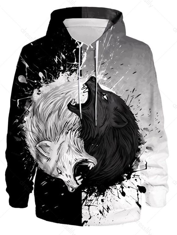 Sweat à Capuche à Imprimé Loup en Blocs de Couleurs à Manches Longues à Cordon - multicolor 3XL