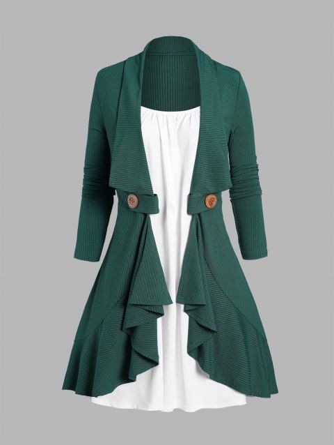 Mini Robe Tricotée Boutonnée Panneau en Blocs de Couleurs Ourlet à Volants Fausse Deux Pièces