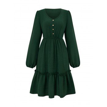 

Plain Color Ruffle Hem Dress Mock Button Frilled Casual Mini Dress, Deep green