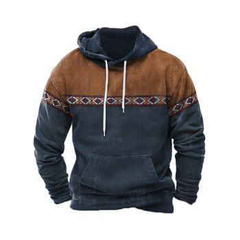 

Colorblock Vintage Hoodie Kangaroo Pocket Casual Drawstring Hoodie, Deep blue