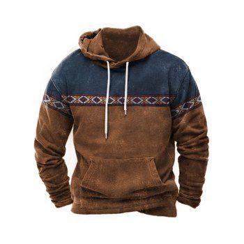 

Colorblock Vintage Hoodie Kangaroo Pocket Casual Drawstring Hoodie, Coffee