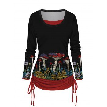 

Halloween Mushroom Print Colorblock Top Cinched Faux Twinset Top, Black